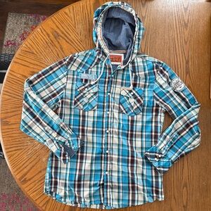 Men’s Rolling Paper Co XL Plaid Hooded Button Shirt Long Sleeve Patches Pockets